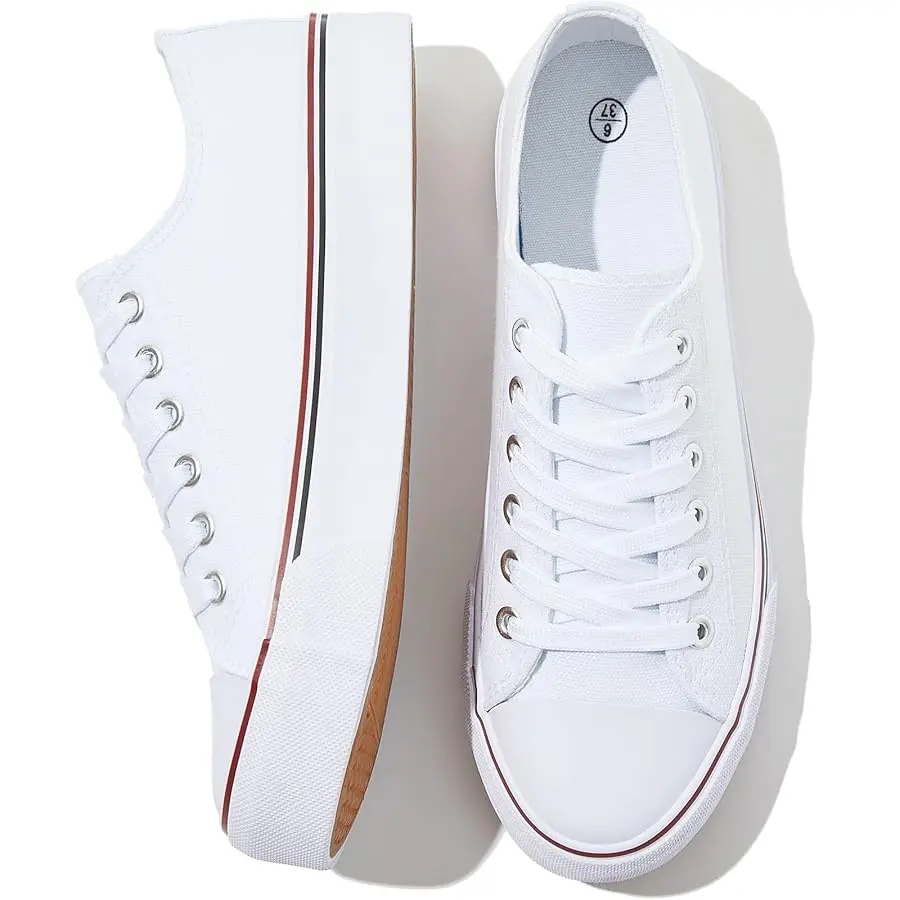 FRACORA Womens White Canvas Sneakers Low Top Lace Up Canvas Shoes Fashion Comfortable